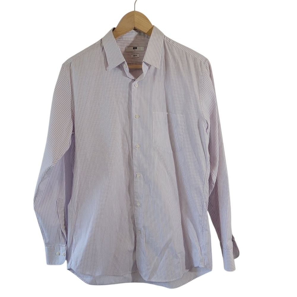Uniqlo Mens Button-Up Shirt Sz L White Purple Striped Corporate Office Career